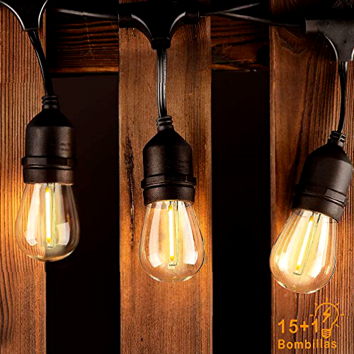 Guirnalda de Luces LED, EASYTAO 10.2M 15+1 Bombillas S14, Certificación UL, Focos Vintage de 1W Impermeable IP65, Serie de Luces para Exterior, Decorar Halloween, Navidad, Jardín, Boda, Garden, y Otros Ocasiones