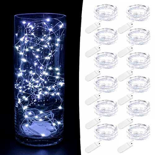 Guirnalda de Luces con Pilas[12 PCS], 2M 20 LED Series de Luces de Alambre de Cobre, IP65 Impermeable, Fairy Lights para Interiores, Exteriores, Navidad, Fiestas, Bodas, Bricolaje (12 PCS, Blanco Frío)