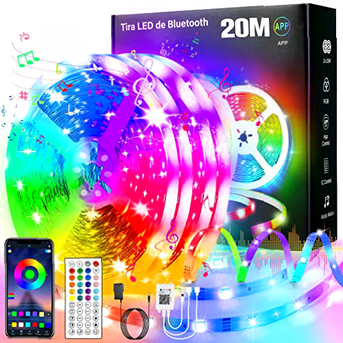 Tiras LED 20 Metros, Tira LED con Control (44 Teclas Controlador Inteligente Bluetooth, Luces LED de Música de Sincronización de Aplicaciones)Luces LED Navideñas, Sala, TV, Fiesta, Hogar, Festivo(20 metros)